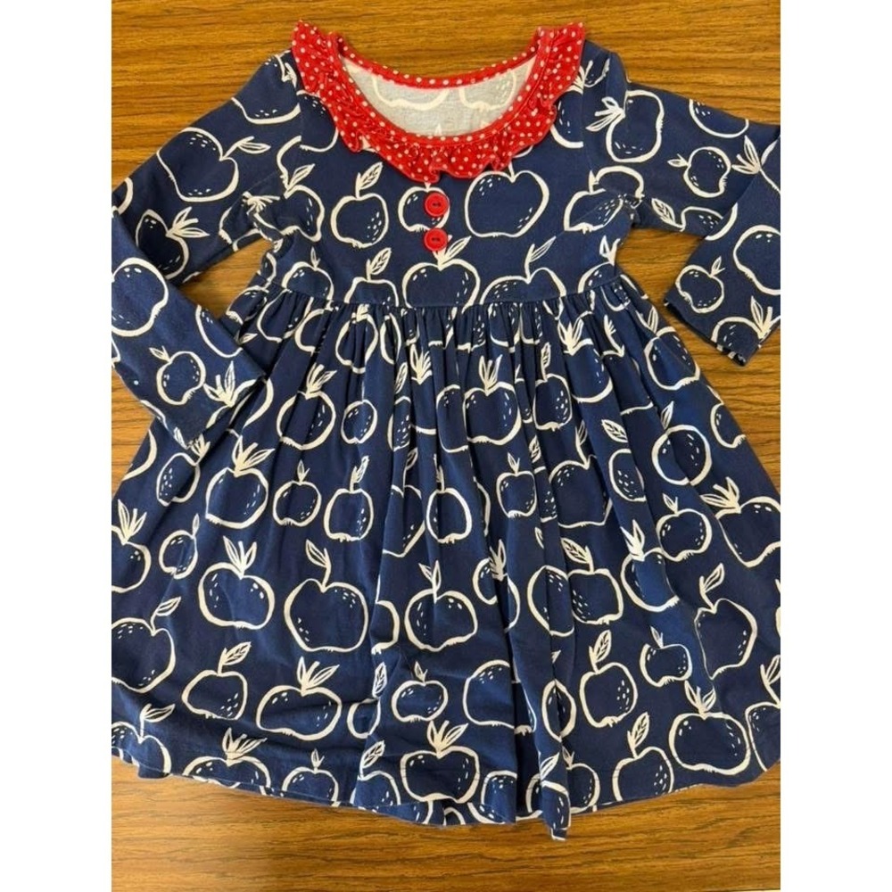 Eleanor Rose Girls 5/6 Apple Print Dress Navy Blue Red Polka Dot Ruffle Size 5/6